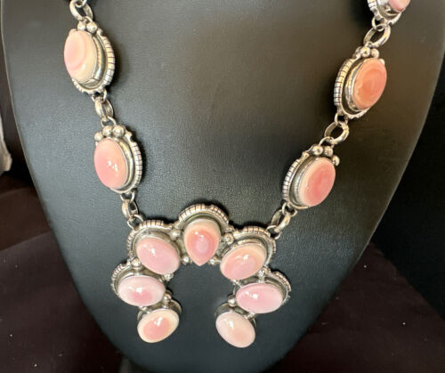 Navajo Pink Conch Squash Blossom Necklace with Naja Pendant | Authentic Native American Handmade | 15897