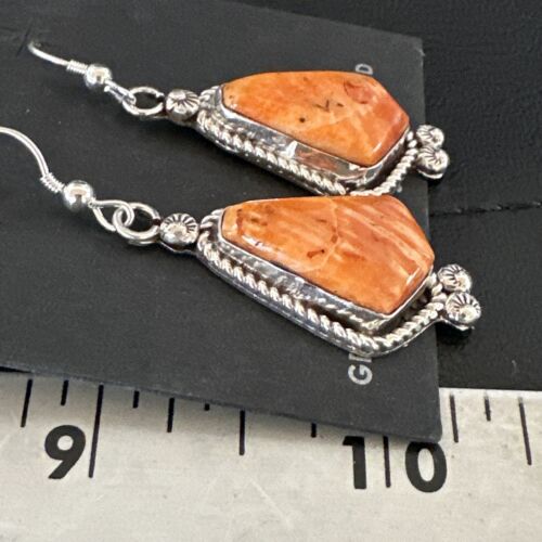 Navajo Orange Spiny Oyster Dangle Earrings | Sterling Silver | Authentic Native American Handmade | 17273