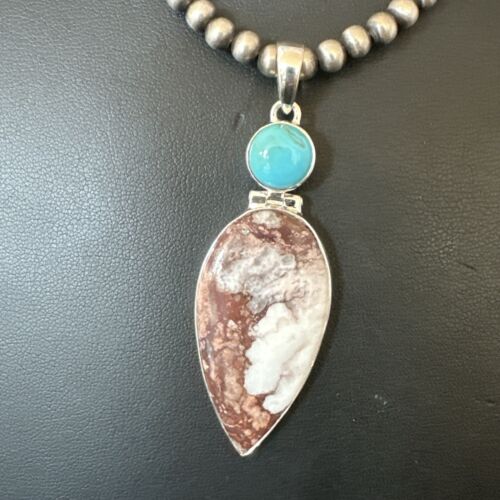 Navajo Wild Horse Blue Kingman Turquoise Necklace | Sterling Silver | Authentic Native American Handmade | 17314