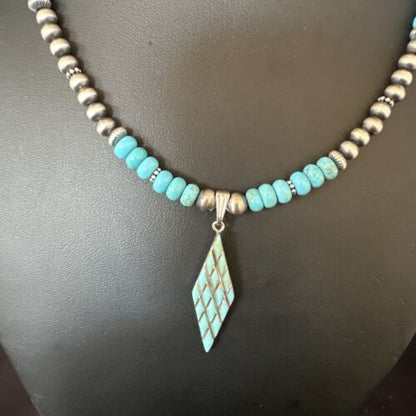 Navajo Blue Turquoise Inlay Pendant | Sterling Silver Necklace | Authentic Native American Handmade | 15421