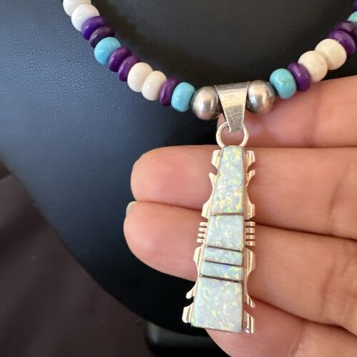 Navajo Opal Inlay Pendant with Turquoise and Sugilite | Sterling Silver Necklace | Authentic Native American Handmade | 16850
