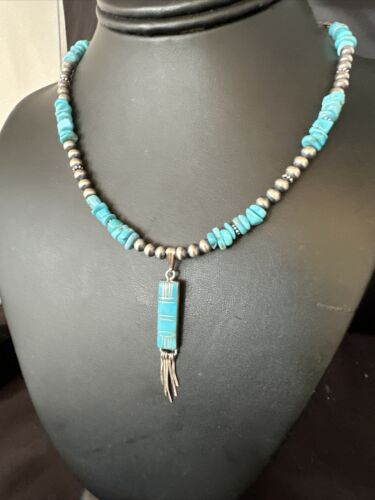 Navajo Kingman Turquoise Pendant Necklace | Sterling Silver | Native American Handmade | 14827