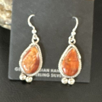 Navajo Orange Spiny Oyster Dangle Earrings | Sterling Silver | Authentic Native American Handmade | 17267
