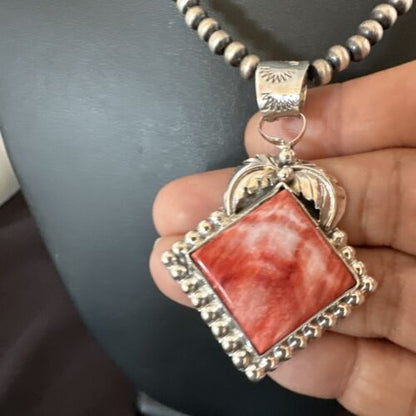 Navajo Red Spiny Oyster Pendant Necklace | Sterling Silver | Authentic Native American Handmade | 16145