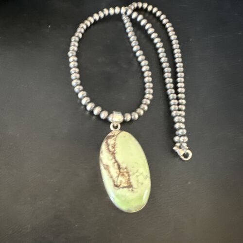 Navajo Green Gaspeite Pendant Necklace | Sterling Silver | Authentic Native American Handmade | 15483
