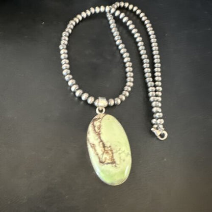 Navajo Green Gaspeite Pendant Necklace | Sterling Silver | Authentic Native American Handmade | 15483
