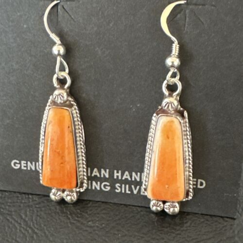 Navajo Orange Spiny Oyster Dangle Earrings | Sterling Silver | Authentic Native American Handmade | 17272