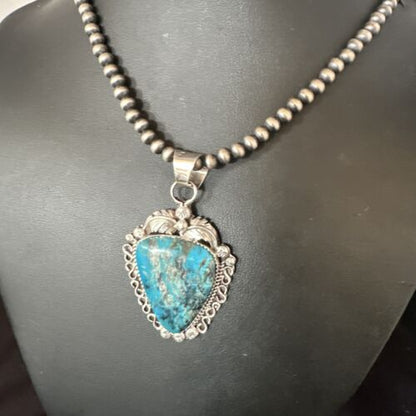 Navajo Kingman Turquoise Pendant Necklace | Sterling Silver Pearls | Authentic Native American Handmade | 15220 - Masha USA