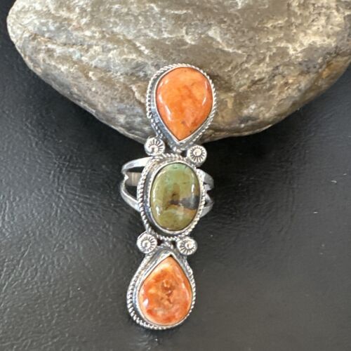 Navajo Green Turquoise Spiny Oyster Multi-Stone Ring | Authentic Native American Sterling Silver | Sz 10 | 16714