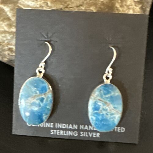 Navajo Blue Turquoise Dangle Earrings | Sterling Silver | Authentic Native American Handmade | 15434