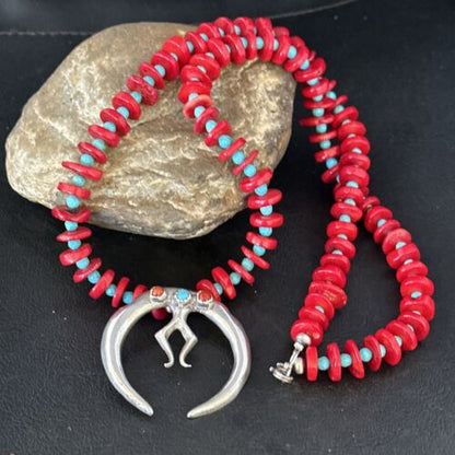 Navajo Blue Turquoise Naja Red Coral Sterling Silver Pendant Necklace 24" | Native American | 14434 - Masha USA