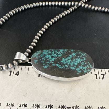 Navajo Blue Spiderweb Turquoise Pendant Necklace | Sterling Silver Pearls | Authentic Native American Handmade | 15568