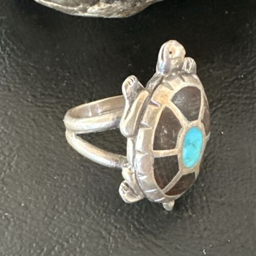 Navajo Blue Turquoise Onyx Turtle Ring | Sterling Silver | Sz 7 | Authentic Native American Handmade | 16980