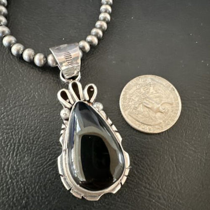 Men's Navajo Pearls Black Onyx Necklace Pendant | Sterling Silver | Authentic Native American Handmade | 16530