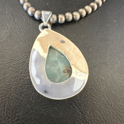 Navajo Blue Larimar Pendant Necklace | Sterling Silver Beads | Authentic Native American Handmade | 17630