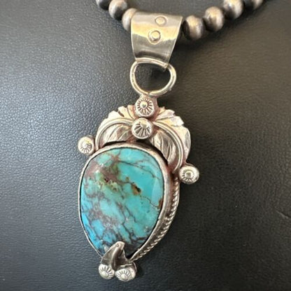 Navajo Blue Turquoise Pendant Necklace | Sterling Silver Pearls | Authentic Native American Handmade | 15647