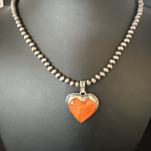 Navajo Orange Heart Spiny Oyster Pendant | Sterling Silver Necklace | Authentic Native American Handmade | 15014