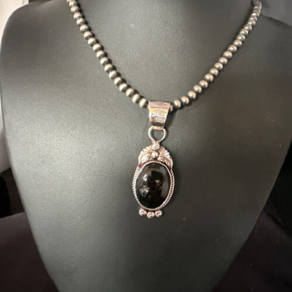 Men's Navajo Pearls Necklace with Black Onyx Pendant | Sterling Silver | Authentic Native American Handmade | 15366