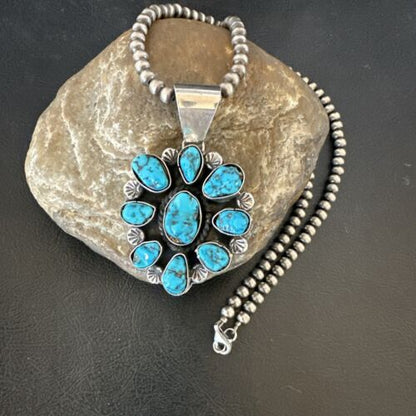 Navajo Blue Kingman Turquoise Cluster Pendant | Sterling Silver | 2" | Authentic Native American Handmade | 17418