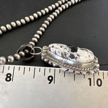 White Buffalo Turquoise Pendant | Navajo Pearls Sterling Silver Necklace | Authentic Native American Handmade | 17109