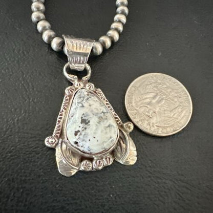 Men's White Buffalo Turquoise Pendant Necklace | Navajo Pearls | Sterling Silver | Native American Handmade | 17330