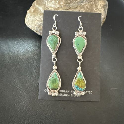 Navajo Green Royston Turquoise Dangle Earrings | Sterling Silver | Authentic Native American Handmade | 17141