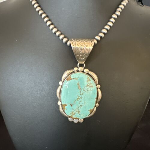 Navajo Blue Turquoise #8 Pendant | Sterling Silver Pearls Necklace | Authentic Native American Handmade | 17169