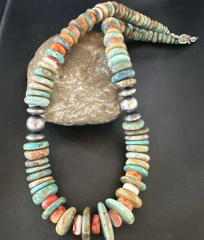 Royston Turquoise Spiny Graduated Navajo Pearls Sterling Silver Necklace 17003
