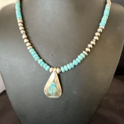 Navajo Blue Spiderweb Turquoise Inlay Pendant Necklace | Sterling Silver | Authentic Native American Handmade | 17120