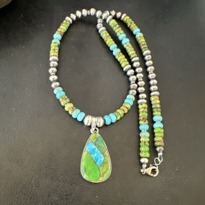 Navajo Blue Green Mojave Turquoise Pendant | Sterling Silver Pearl Necklace | Authentic Native American Handmade | 16923