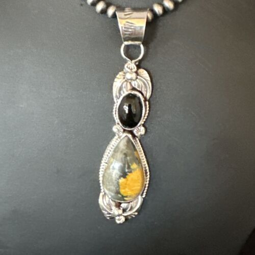 Men's Navajo Pearls Onyx Bumblebee Jasper Pendant | Sterling Silver | Multi-Stone Necklace | 15414