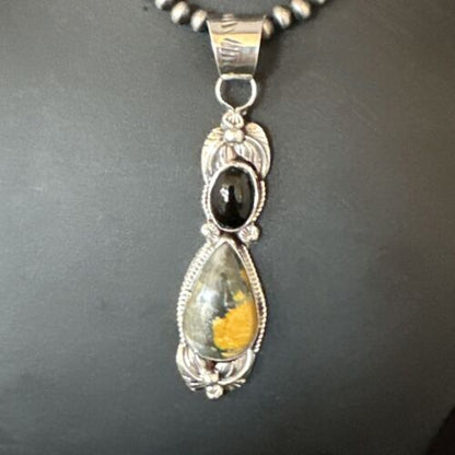 Men's Navajo Pearls Onyx Bumblebee Jasper Pendant | Sterling Silver | Multi-Stone Necklace | 15414