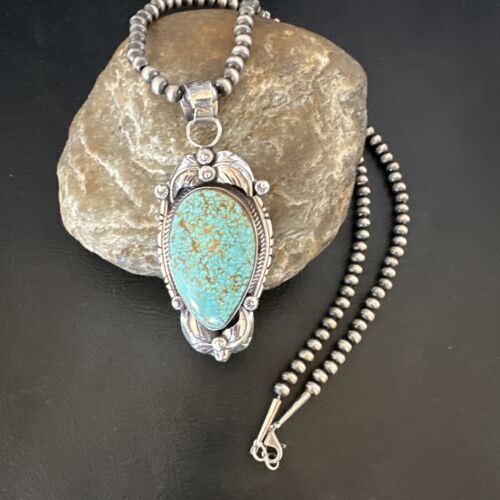 Navajo Blue Turquoise #8 Pendant | Sterling Silver Necklace with Pearls | Authentic Native American Handmade | 15898