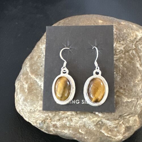 Southwestern Navajo Coffee Tigers Eye Dangle Earrings | Sterling Silver | Authentic Native American Handmade | 16965
