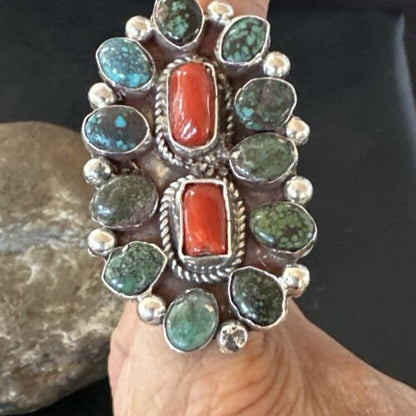 Navajo Spiderweb Turquoise Coral Cluster Ring | Authentic Native American Sterling Silver | Multi-Stone | Sz 10 | 17183