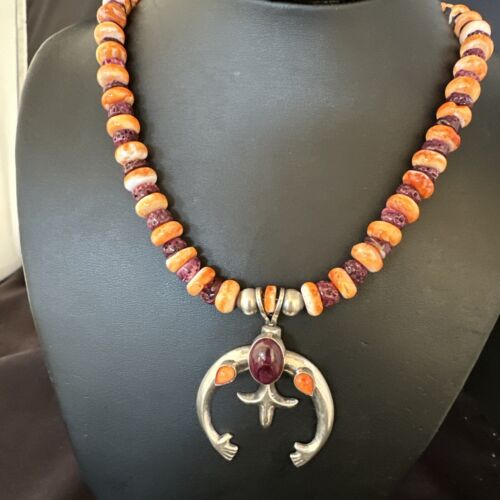 Navajo Orange Purple Spiny Oyster Naja Pendant Necklace | Sterling Silver | Authentic Native American Handmade | 15536