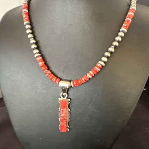 Navajo Red Spiny Oyster Pendant Necklace | Sterling Silver Inlay | Authentic Native American Handmade | 16853