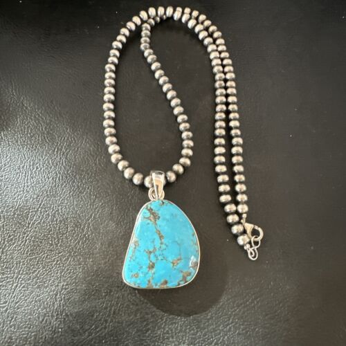 Navajo Blue Kingman Turquoise Pendant with Pearls | Sterling Silver Necklace | 20" | 17008