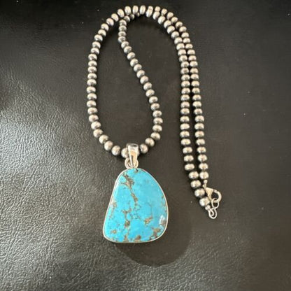 Navajo Blue Kingman Turquoise Pendant with Pearls | Sterling Silver Necklace | 20" | 17008
