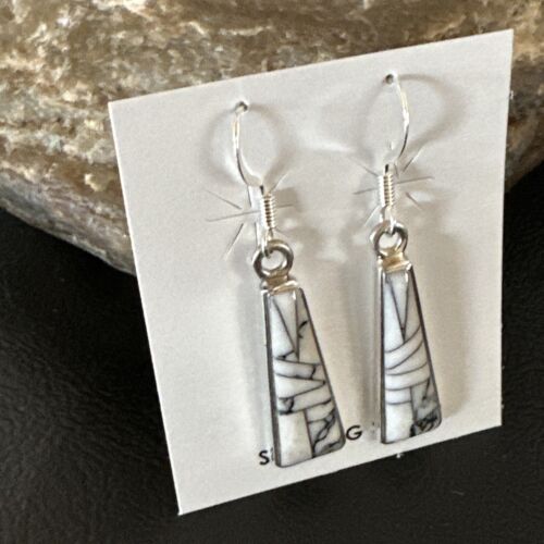 White Buffalo Turquoise Inlay Earrings | Navajo Sterling Silver | Authentic Native American Handmade | 15702