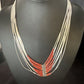 Navajo Red Coral Liquid Silver Heishi Necklace | 10 Strand | Sterling Silver Tubes | 18" | 15139