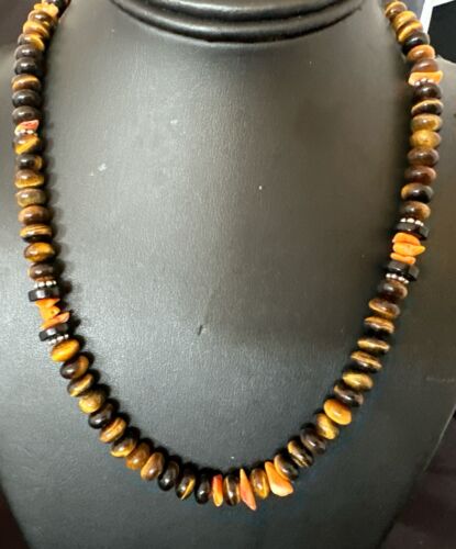 Navajo Tigers Eye Coral Necklace | Sterling Silver | 18" | Authentic Native American Handmade | 13312