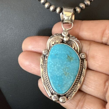 Navajo Kingman Turquoise Pendant Necklace | Sterling Silver Pearls | Authentic Native American Handmade | 15210