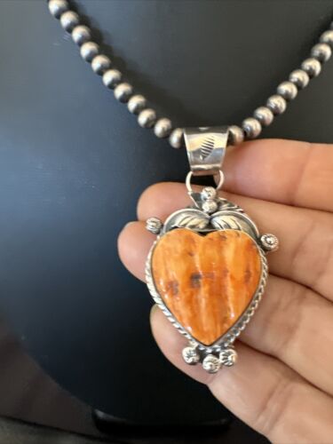 Navajo Orange Spiny Oyster Heart Pendant Necklace | Sterling Silver | Authentic Native American Handmade | 16415