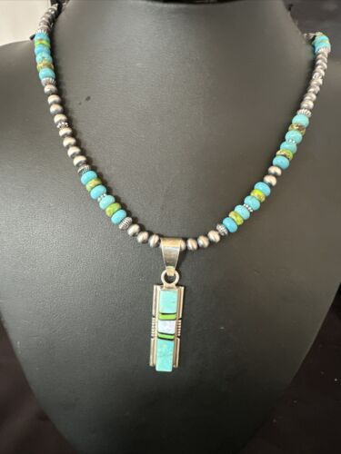 Navajo Green Gaspeite Turquoise Inlay Pendant Necklace | Sterling Silver | Authentic Native American Handmade | 16013