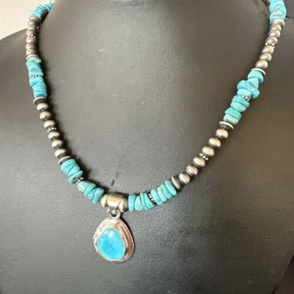 Navajo Men's Blue Kingman Turquoise Pendant Necklace | Sterling Silver | 21" | Authentic Native American Handmade | 17552