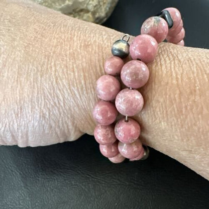 Navajo Pink Rhodochrosite Memory Wire Bracelet | Stainless Steel | Authentic Native American Handmade | 17623