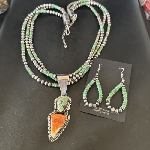 Navajo Royston Turquoise Spiny Pendant Set | Authentic Native American Sterling Silver | 3" | Handmade | 16813