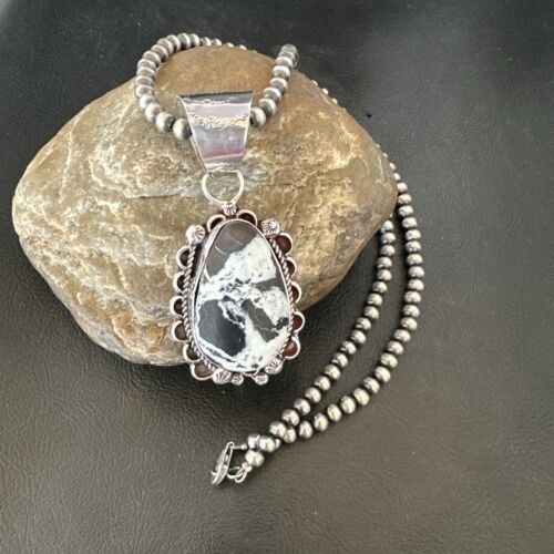 Men's White Buffalo Turquoise Pendant | Navajo Pearl Sterling Silver Necklace 21" | Handmade 17039