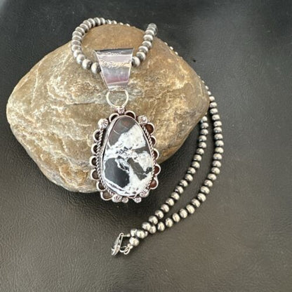 Men's White Buffalo Turquoise Pendant | Navajo Pearl Sterling Silver Necklace 21" | Handmade 17039